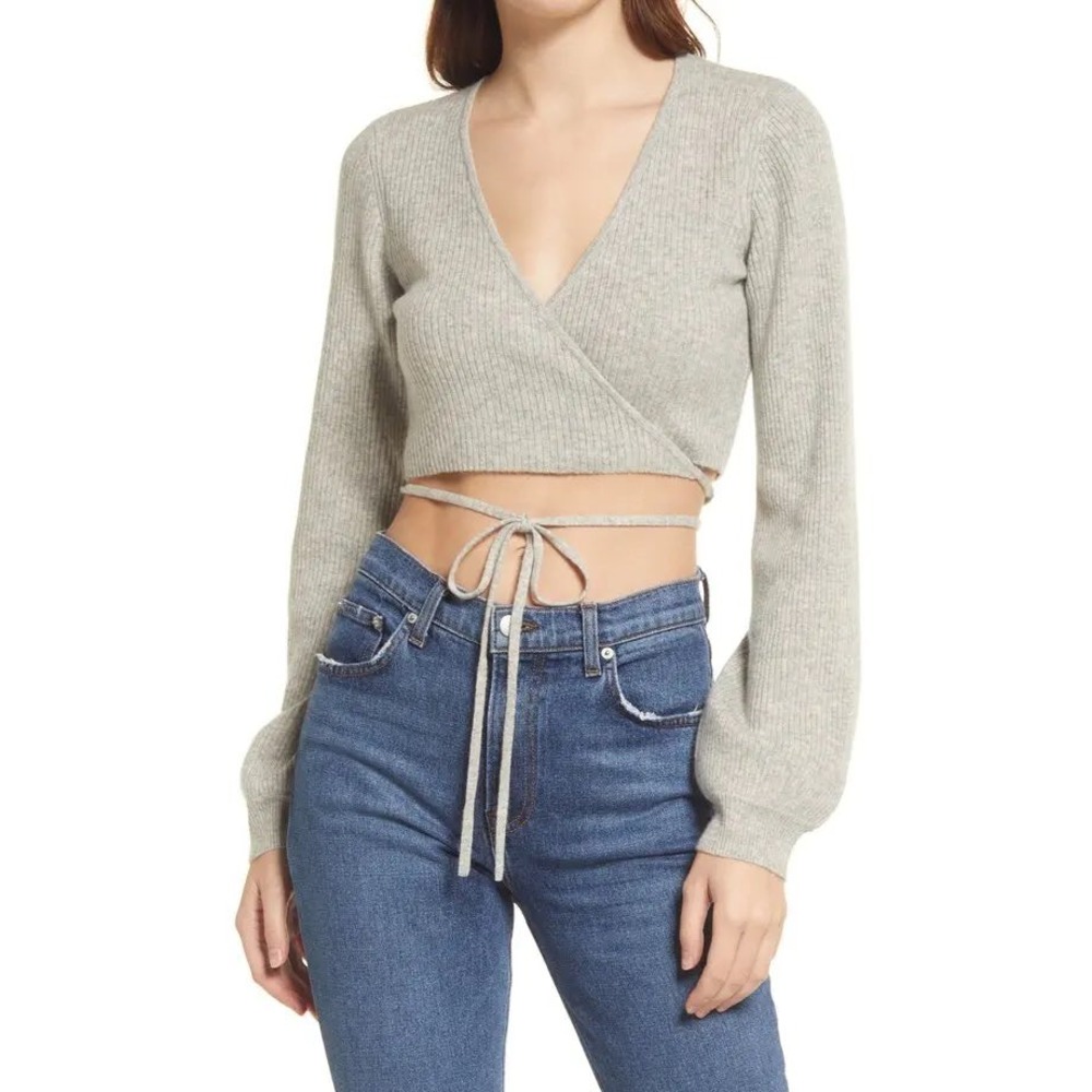 Reformation Cashmere Wrap Sweater Grey Ribbed Cropped V-Neck Balloon Sleeve XS